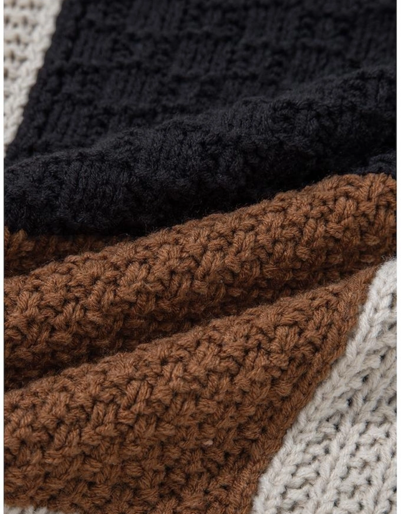 Multicolour Color Block Cable Knit Sleeve Buttons Collared Sweater