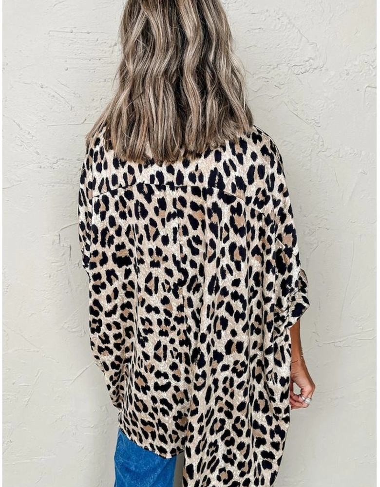 Beige Leopard Print Buttoned 3/4 Sleeve Loose Fit Shirt