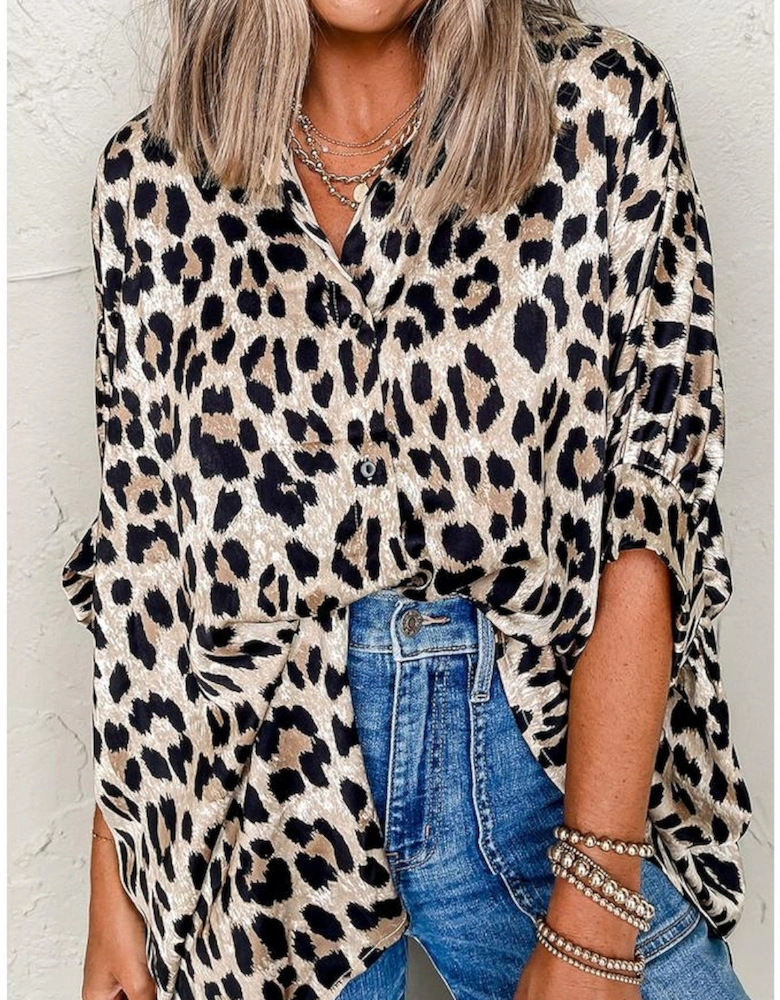 Beige Leopard Print Buttoned 3/4 Sleeve Loose Fit Shirt