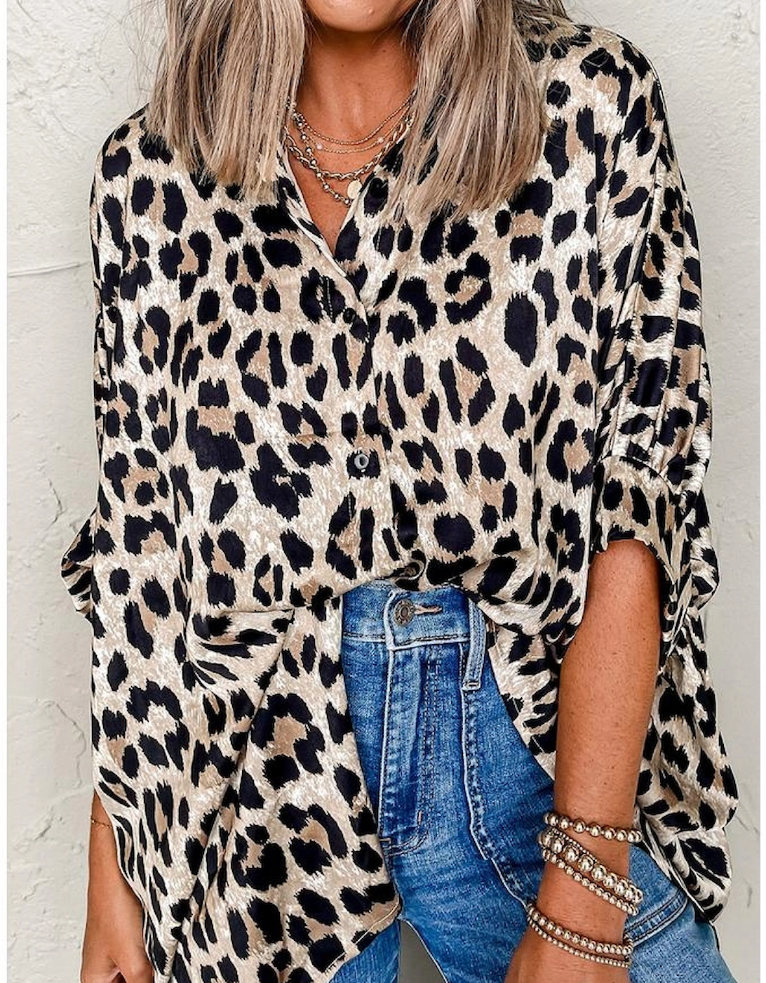 Beige Leopard Print Buttoned 3/4 Sleeve Loose Fit Shirt