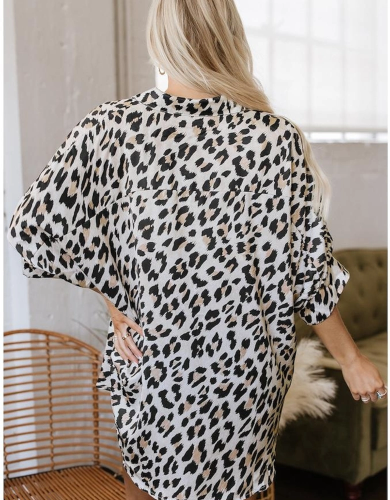 Beige Leopard Print Buttoned 3/4 Sleeve Loose Fit Shirt