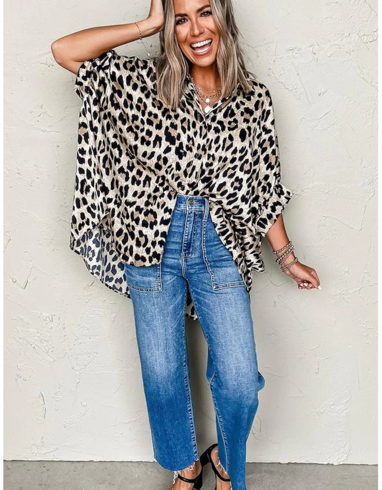 Beige Leopard Print Buttoned 3/4 Sleeve Loose Fit Shirt