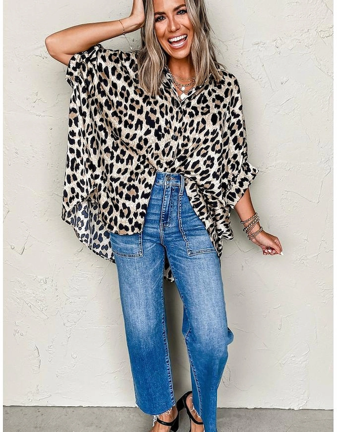 Beige Leopard Print Buttoned 3/4 Sleeve Loose Fit Shirt