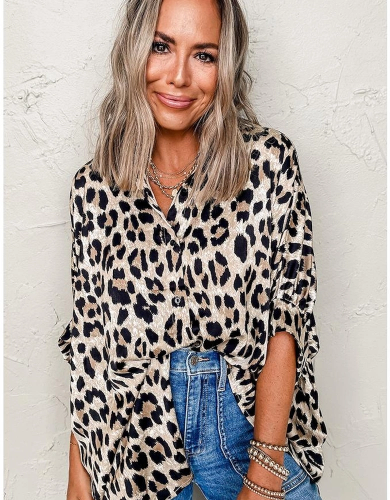 Beige Leopard Print Buttoned 3/4 Sleeve Loose Fit Shirt
