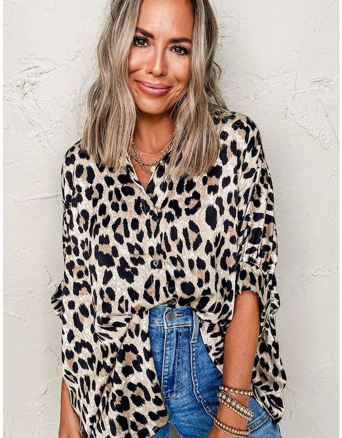 Beige Leopard Print Buttoned 3/4 Sleeve Loose Fit Shirt