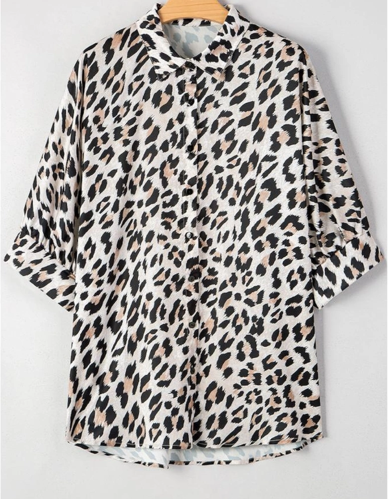 Beige Leopard Print Buttoned 3/4 Sleeve Loose Fit Shirt