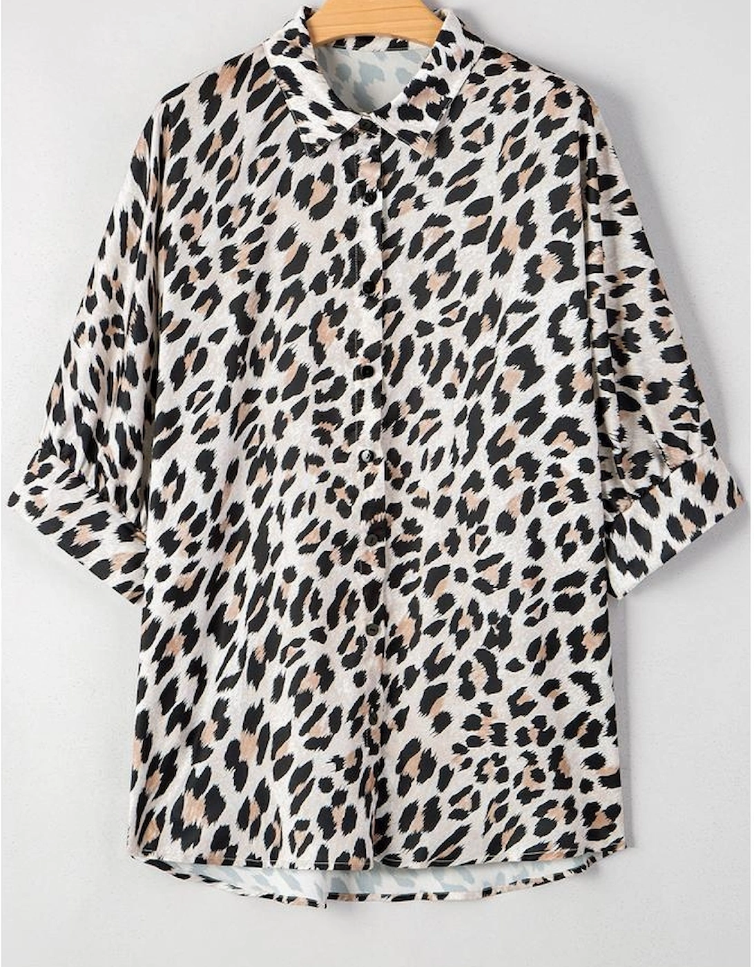 Beige Leopard Print Buttoned 3/4 Sleeve Loose Fit Shirt