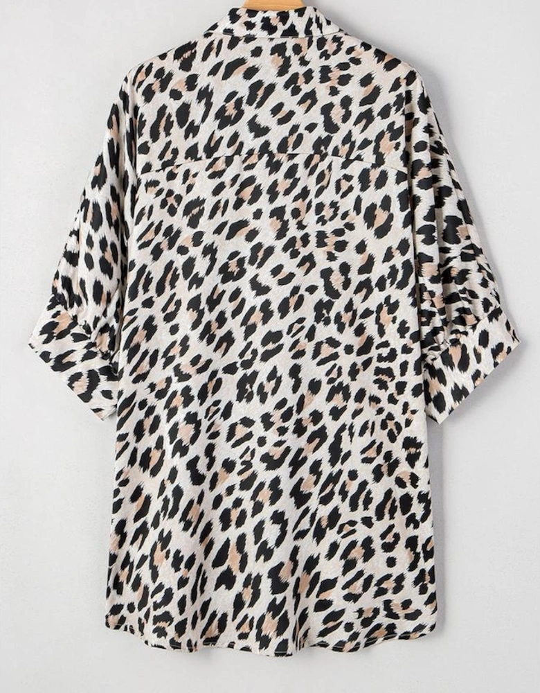 Beige Leopard Print Buttoned 3/4 Sleeve Loose Fit Shirt