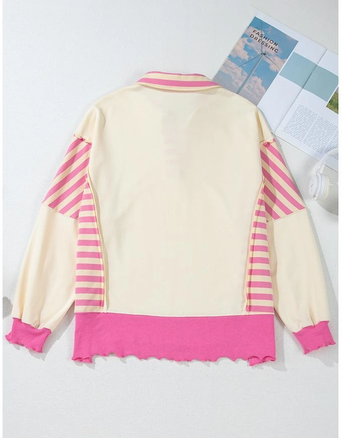 Pink Stripe Colorblock Patchwork Collared French Terry Knit Top