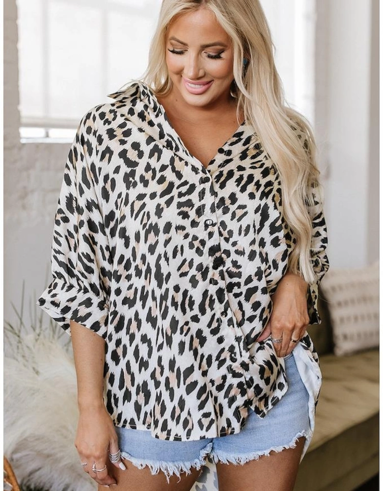 Beige Leopard Print Buttoned 3/4 Sleeve Loose Fit Shirt