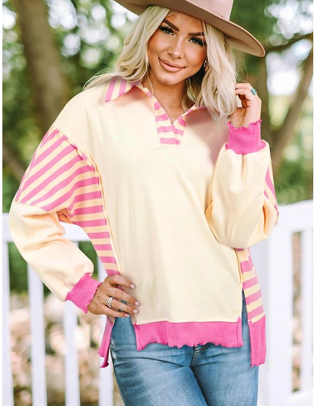 Pink Stripe Colorblock Patchwork Collared French Terry Knit Top