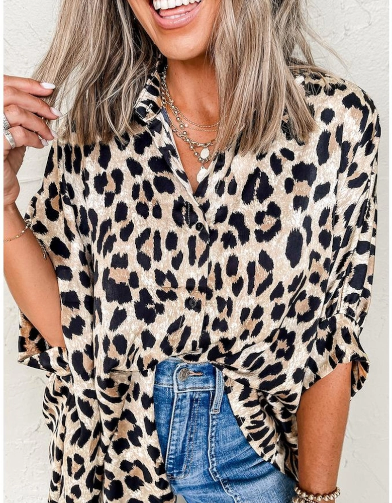 Beige Leopard Print Buttoned 3/4 Sleeve Loose Fit Shirt