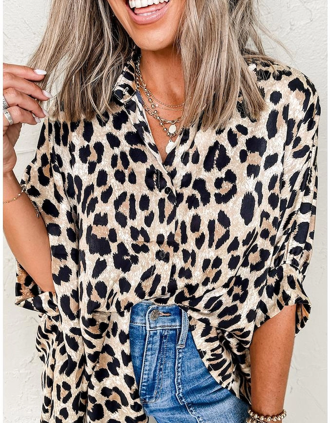 Beige Leopard Print Buttoned 3/4 Sleeve Loose Fit Shirt