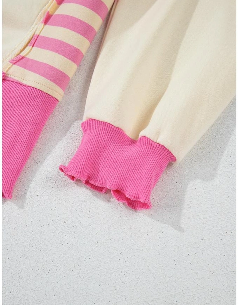 Pink Stripe Colorblock Patchwork Collared French Terry Knit Top