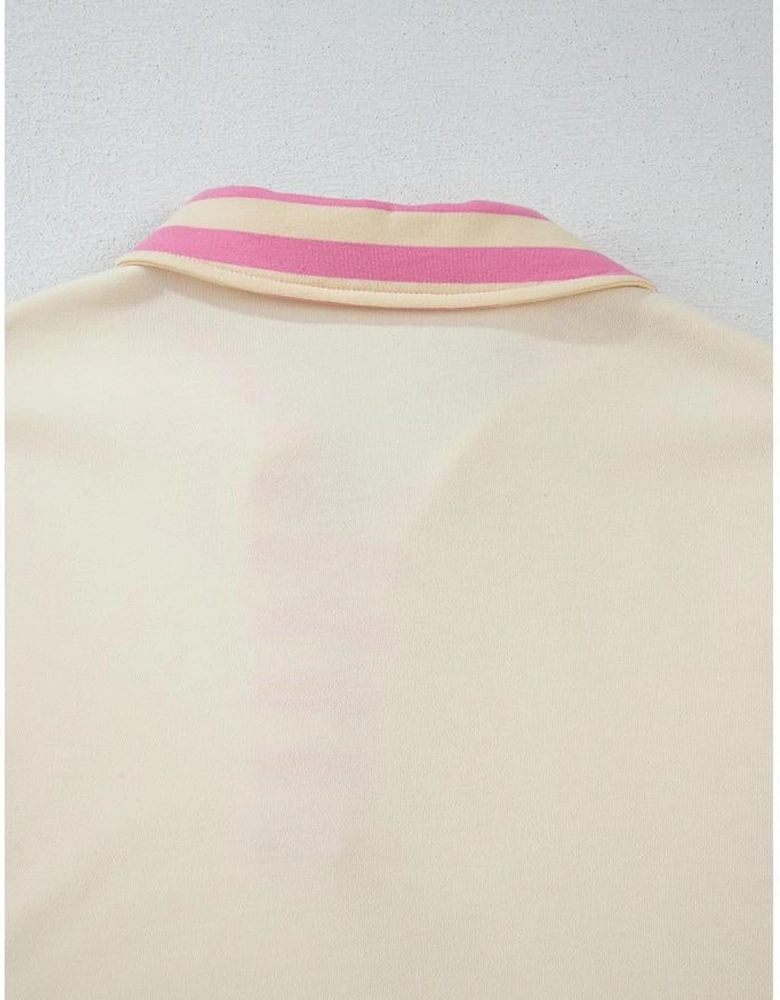 Pink Stripe Colorblock Patchwork Collared French Terry Knit Top