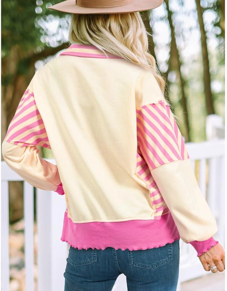 Pink Stripe Colorblock Patchwork Collared French Terry Knit Top
