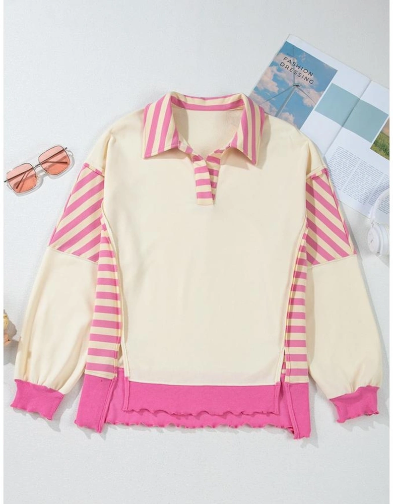 Pink Stripe Colorblock Patchwork Collared French Terry Knit Top
