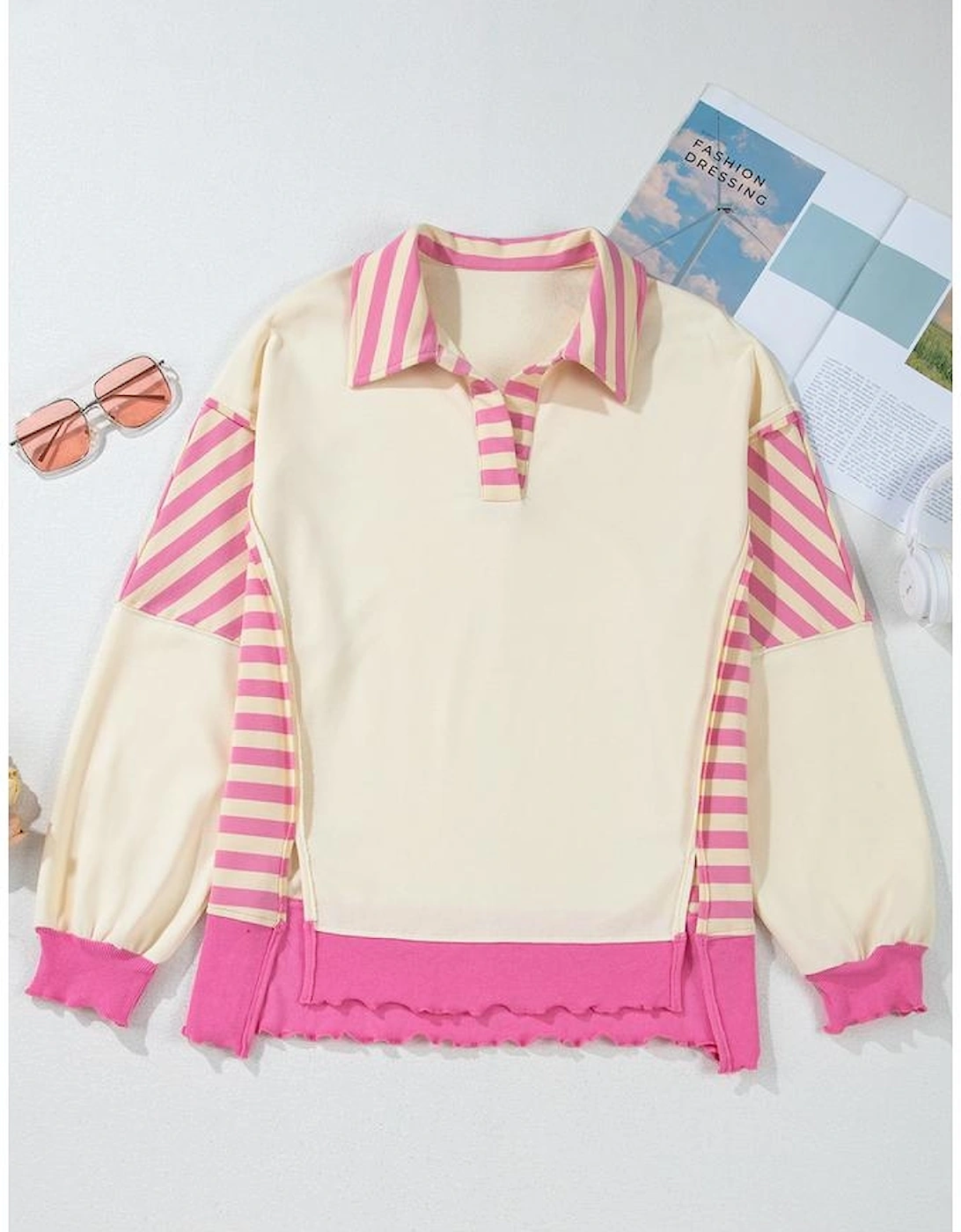 Pink Stripe Colorblock Patchwork Collared French Terry Knit Top