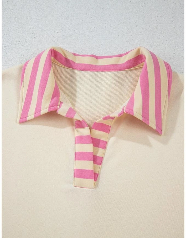 Pink Stripe Colorblock Patchwork Collared French Terry Knit Top
