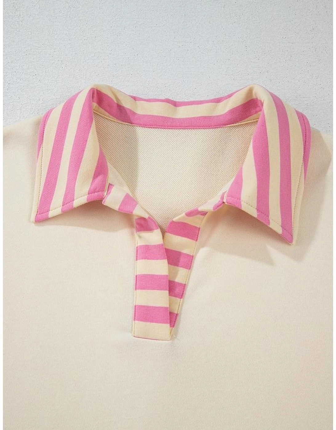 Pink Stripe Colorblock Patchwork Collared French Terry Knit Top