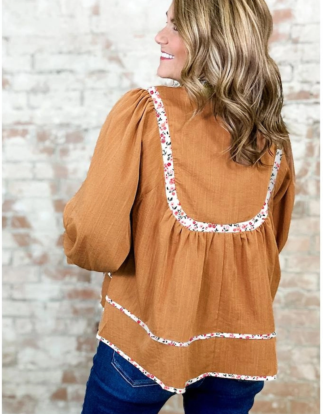 Straw Yellow Split Neck Pleated Floral Trim Long Puff Sleeve Blouse, 5 of 4