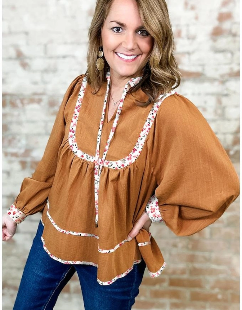 Straw Yellow Split Neck Pleated Floral Trim Long Puff Sleeve Blouse