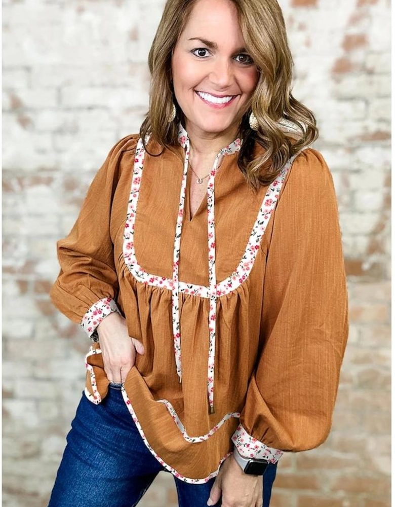 Straw Yellow Split Neck Pleated Floral Trim Long Puff Sleeve Blouse