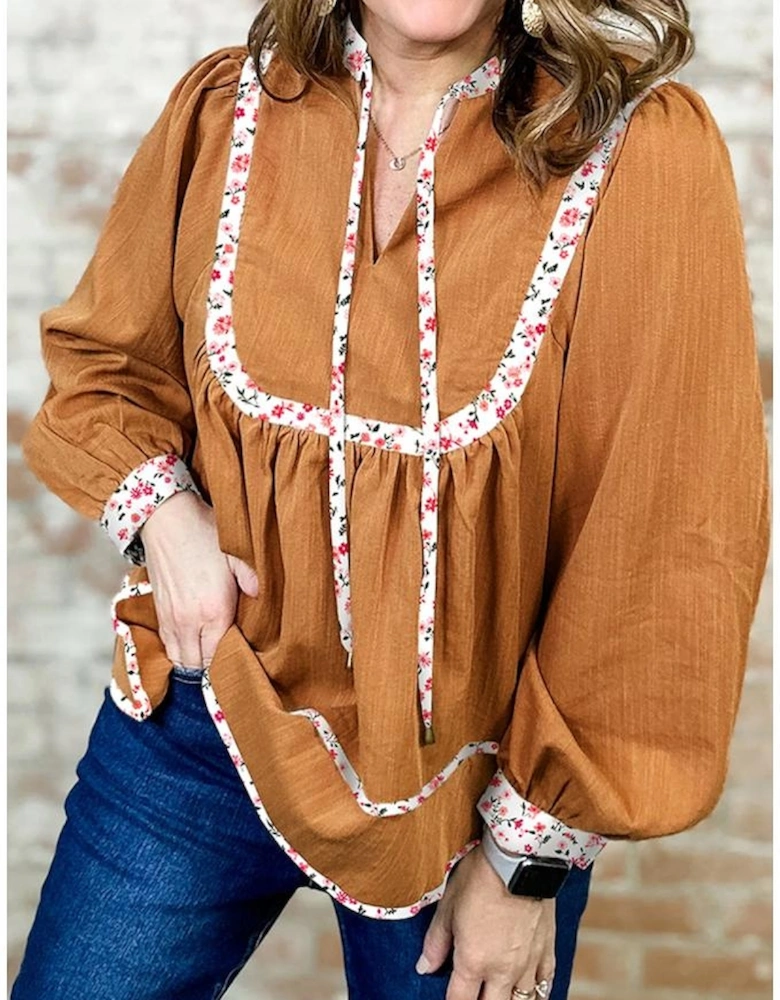 Straw Yellow Split Neck Pleated Floral Trim Long Puff Sleeve Blouse