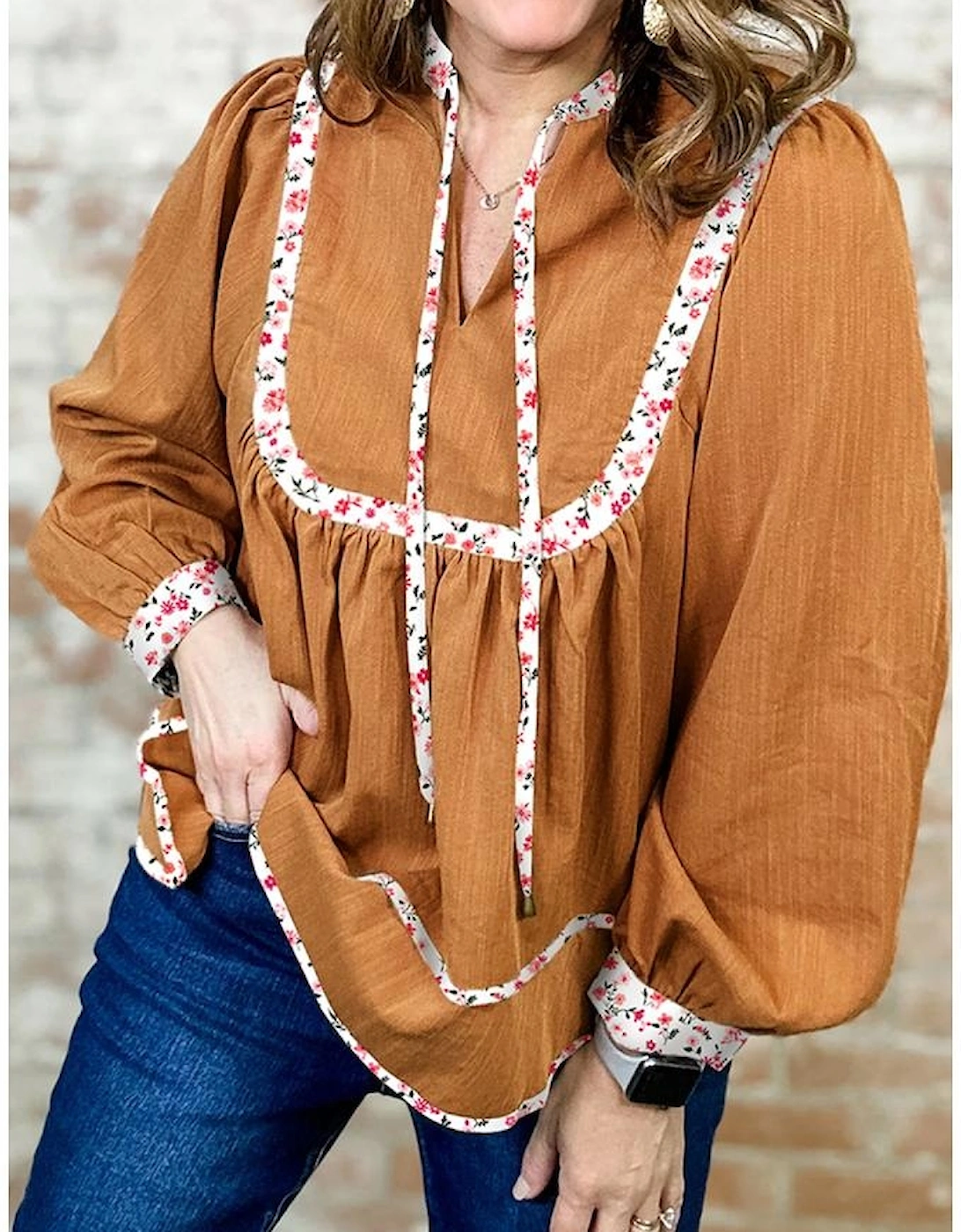 Straw Yellow Split Neck Pleated Floral Trim Long Puff Sleeve Blouse