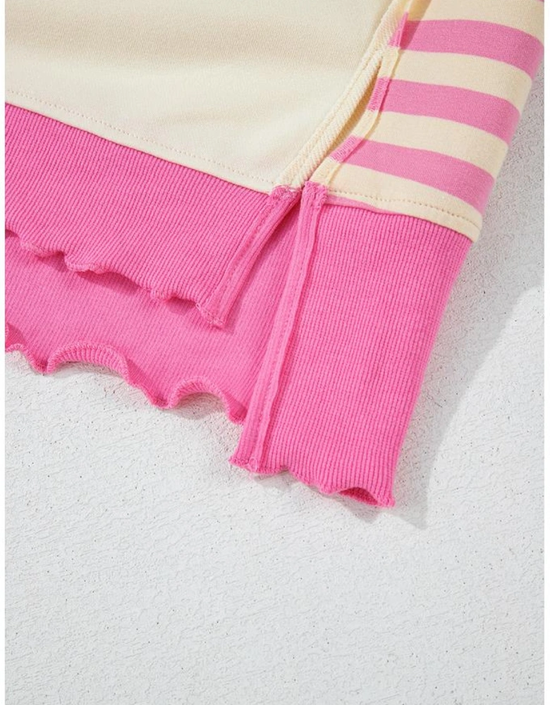 Pink Stripe Colorblock Patchwork Collared French Terry Knit Top