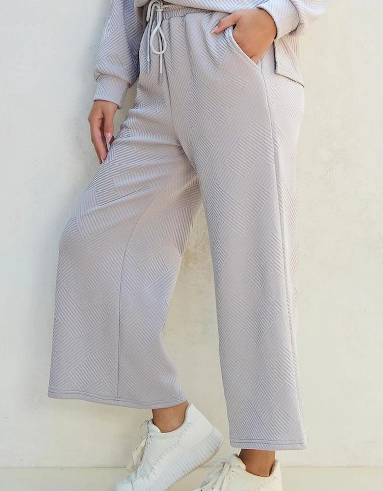 Light Grey Solid Textured Collared V Neck Top and Wide Leg Pants Set