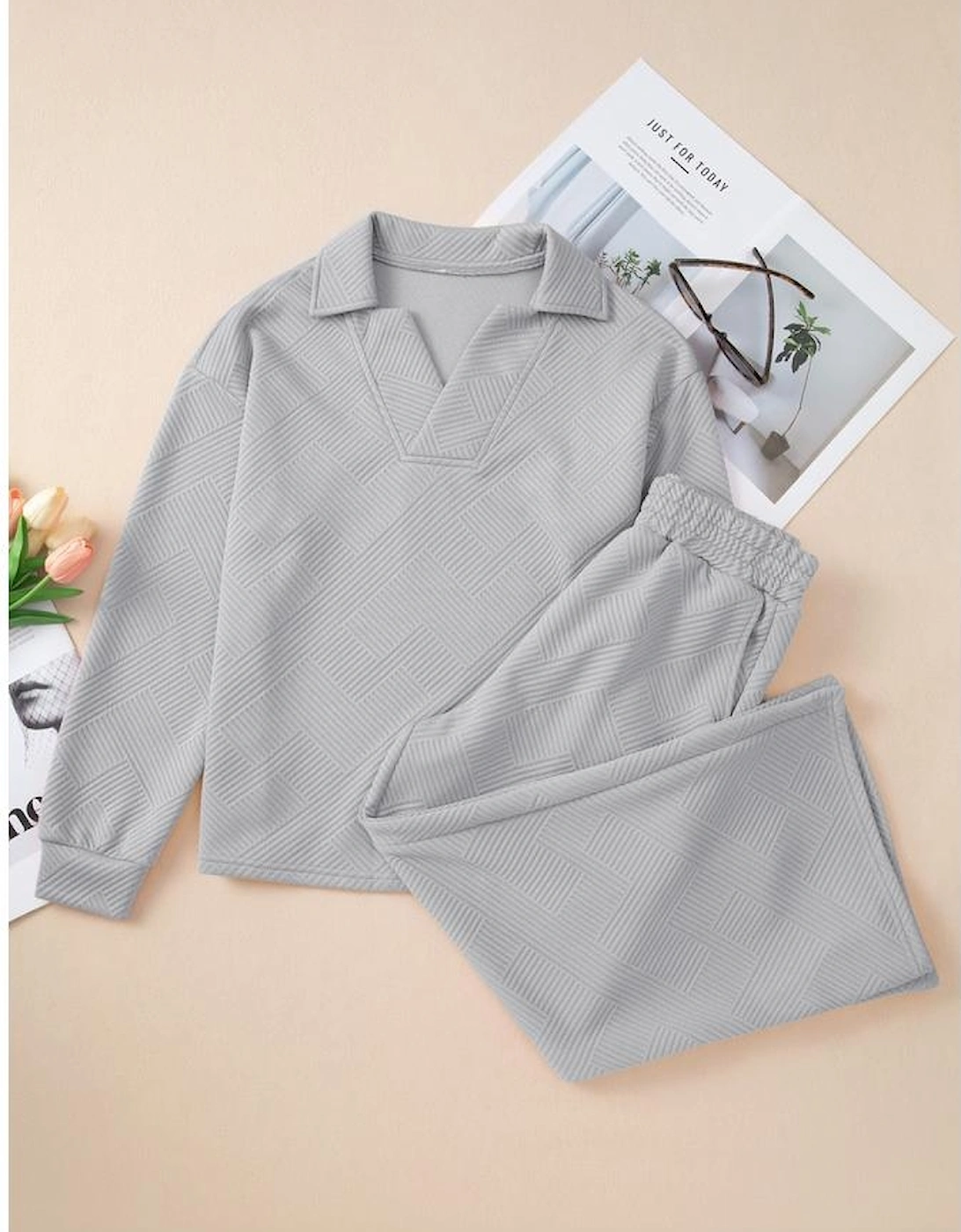 Light Grey Solid Textured Collared V Neck Top and Wide Leg Pants Set, 16 of 15