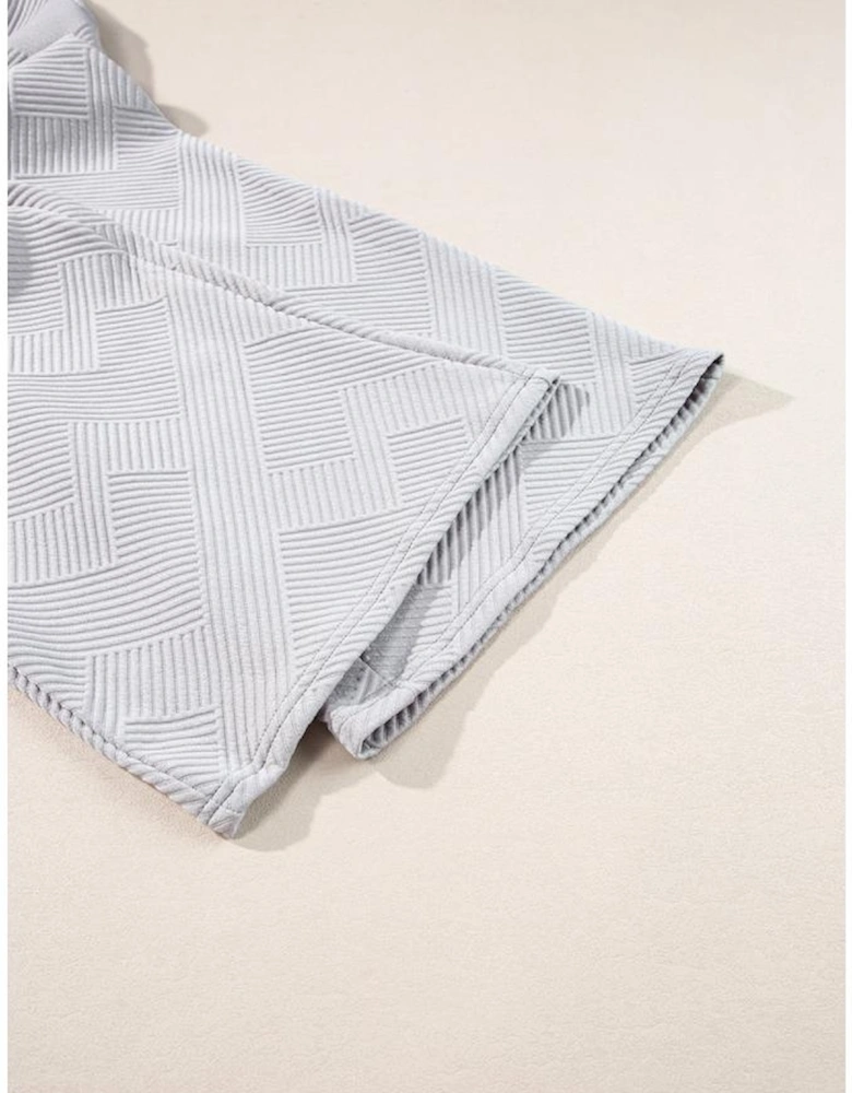 Light Grey Solid Textured Collared V Neck Top and Wide Leg Pants Set