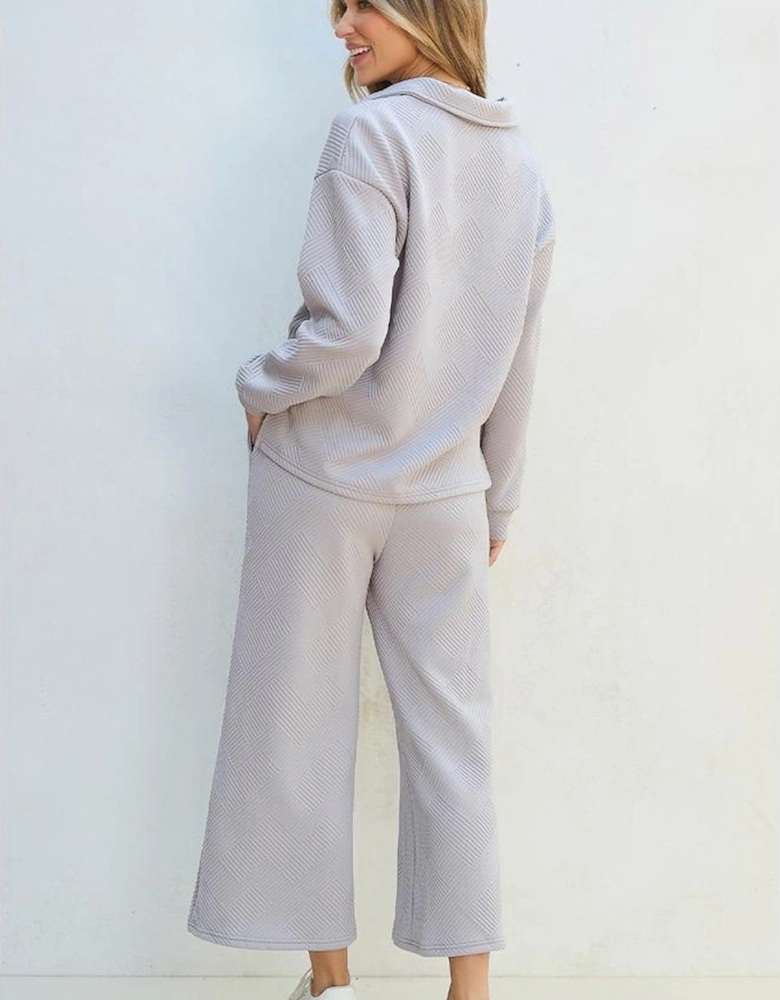 Light Grey Solid Textured Collared V Neck Top and Wide Leg Pants Set