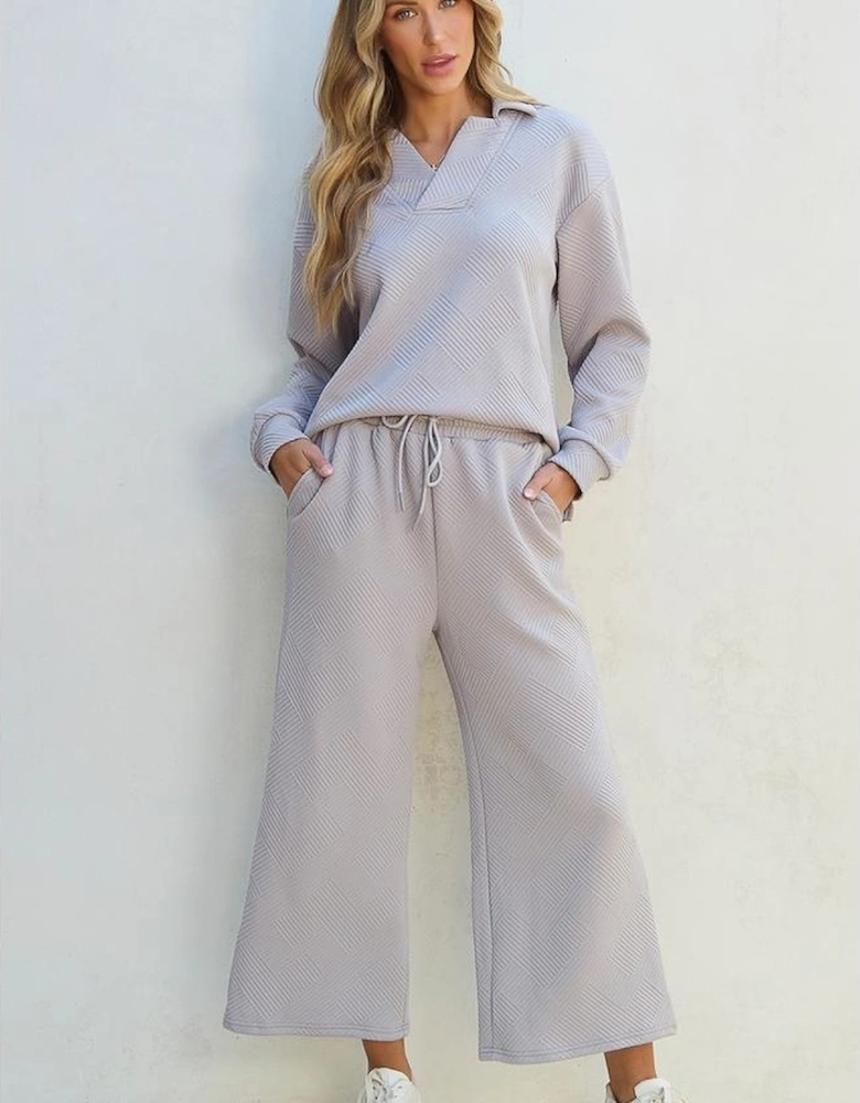 Light Grey Solid Textured Collared V Neck Top and Wide Leg Pants Set