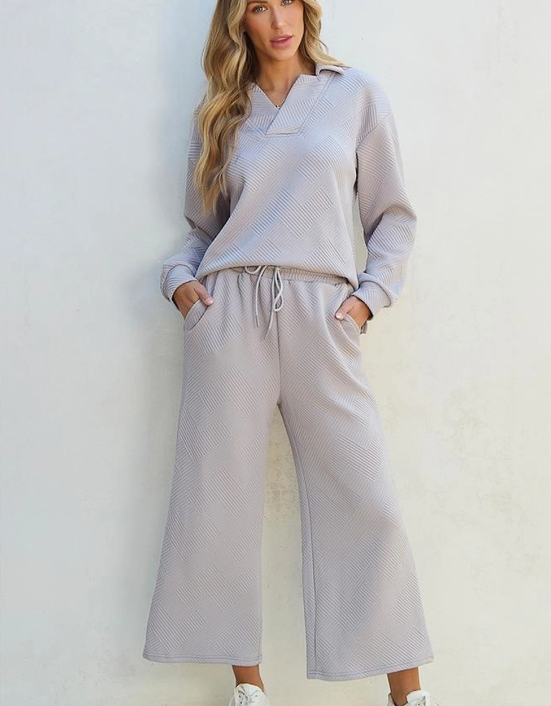 Light Grey Solid Textured Collared V Neck Top and Wide Leg Pants Set