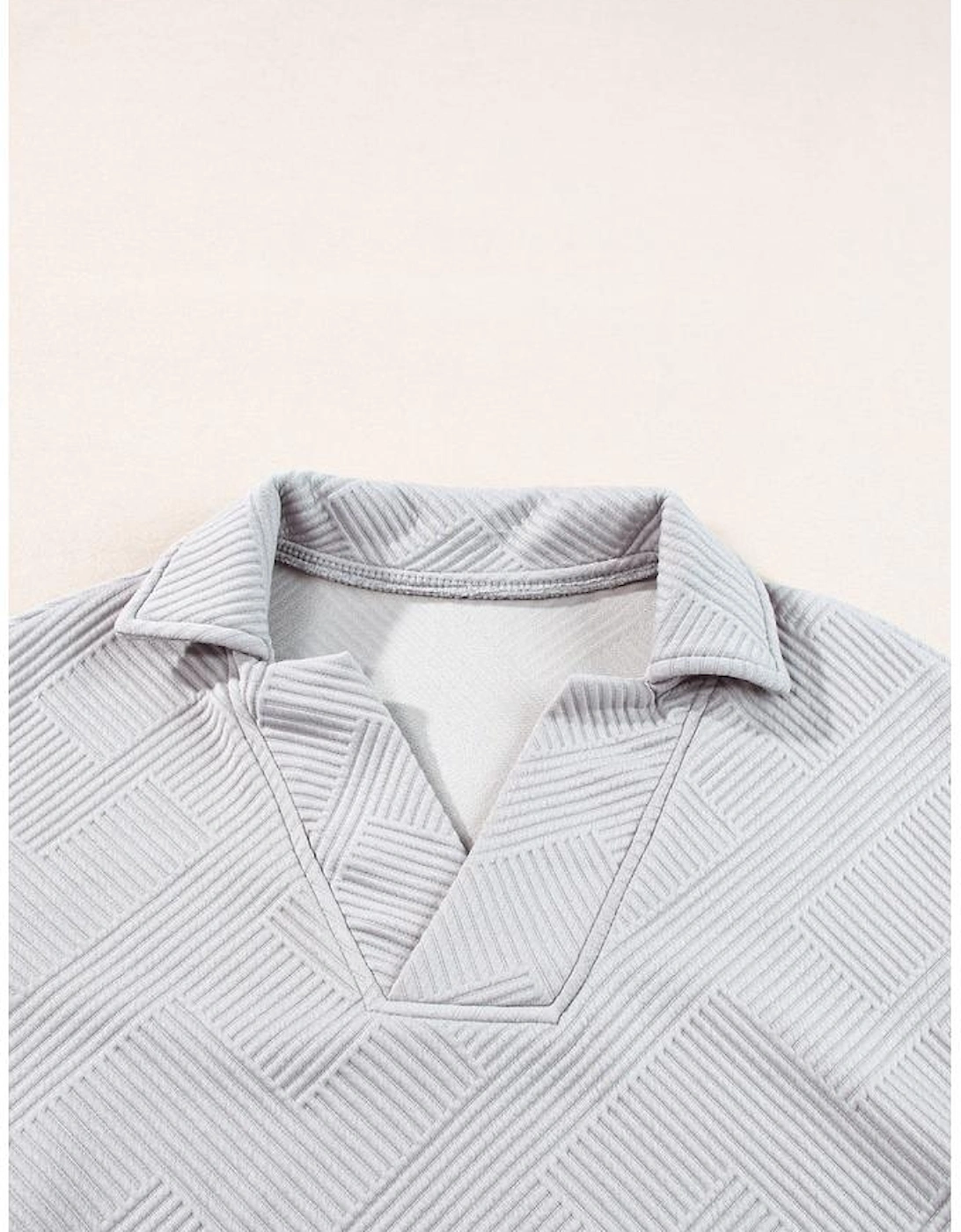 Light Grey Solid Textured Collared V Neck Top and Wide Leg Pants Set