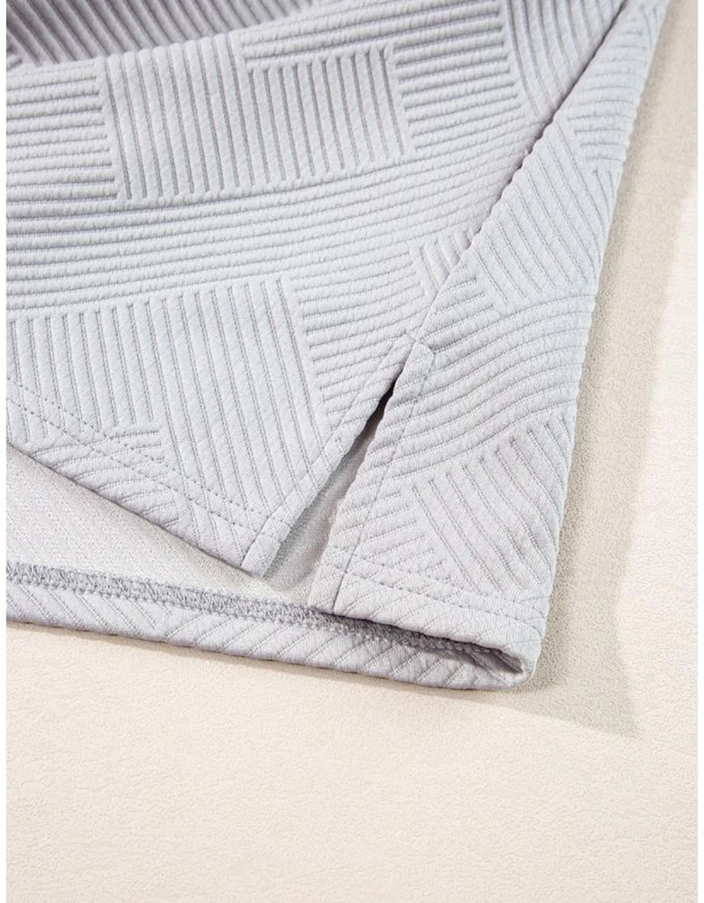 Light Grey Solid Textured Collared V Neck Top and Wide Leg Pants Set