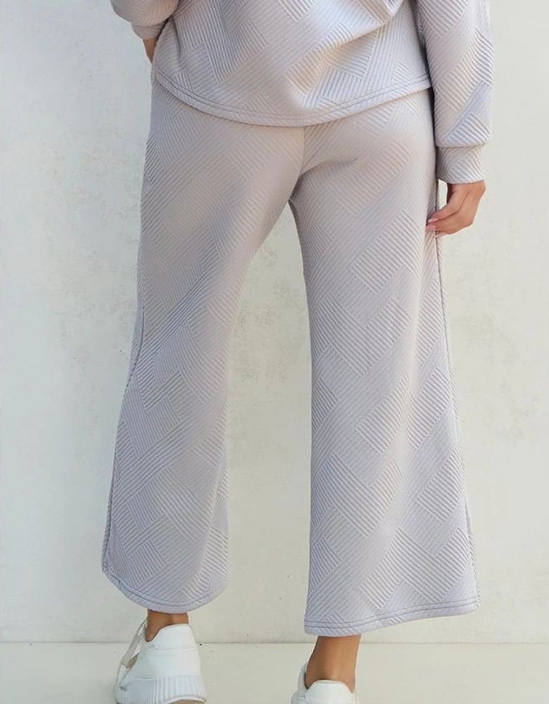 Light Grey Solid Textured Collared V Neck Top and Wide Leg Pants Set