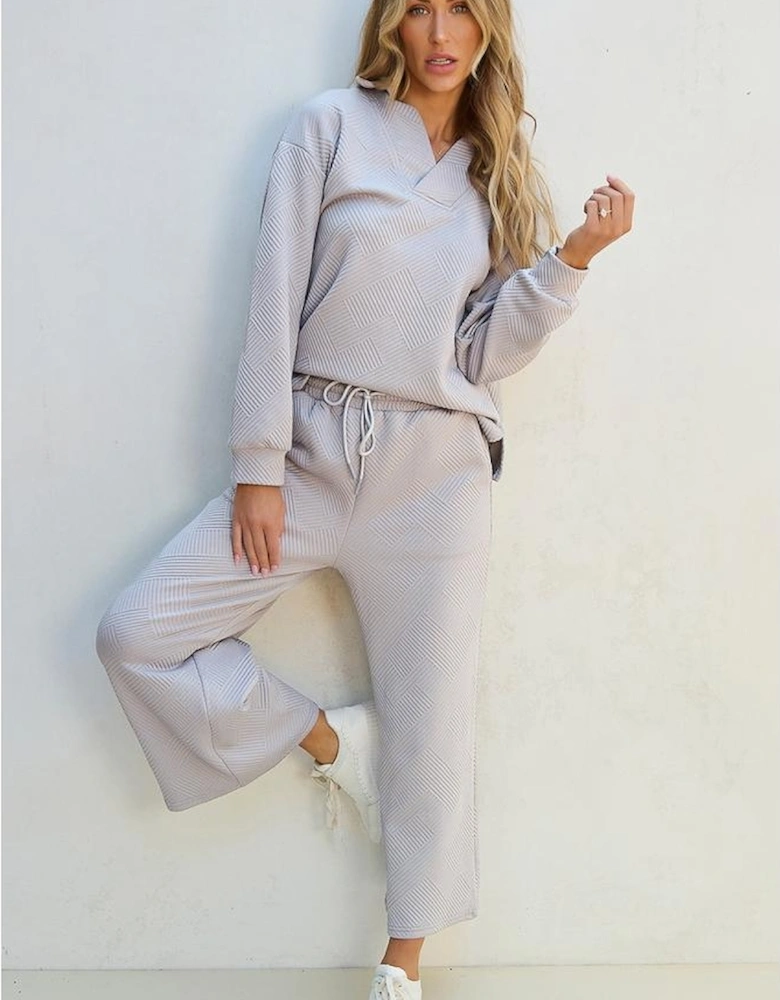 Light Grey Solid Textured Collared V Neck Top and Wide Leg Pants Set