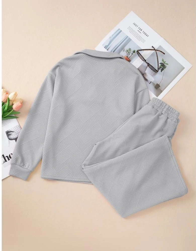 Light Grey Solid Textured Collared V Neck Top and Wide Leg Pants Set
