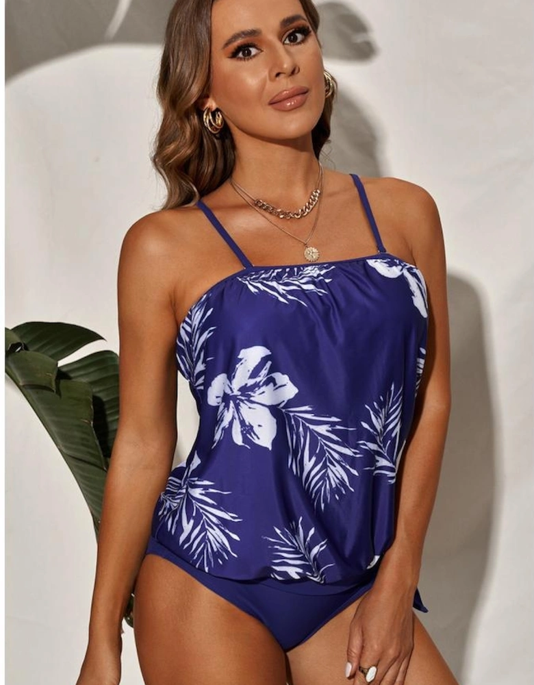 Blue Floral Pattern Strapless Tankini Set