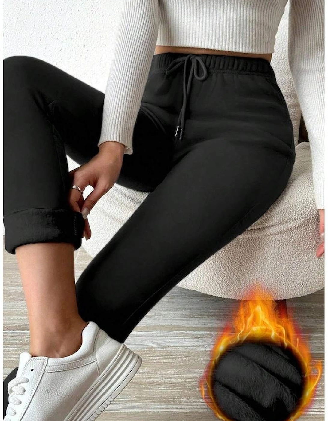 Black Thermal Lined Drawstring High Waist Leggings