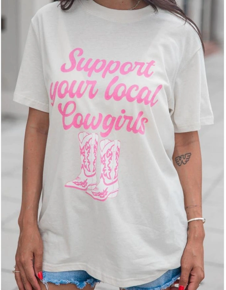 White Support Your Local Cowgirls Boots Print Crewneck Tee