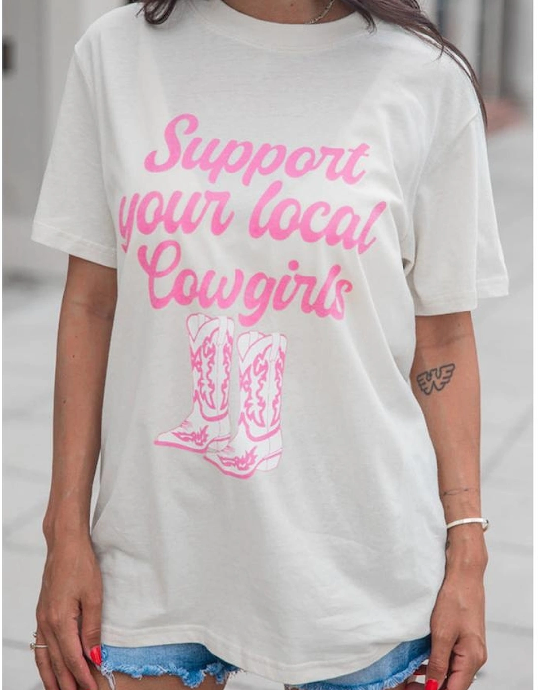White Support Your Local Cowgirls Boots Print Crewneck Tee, 10 of 9