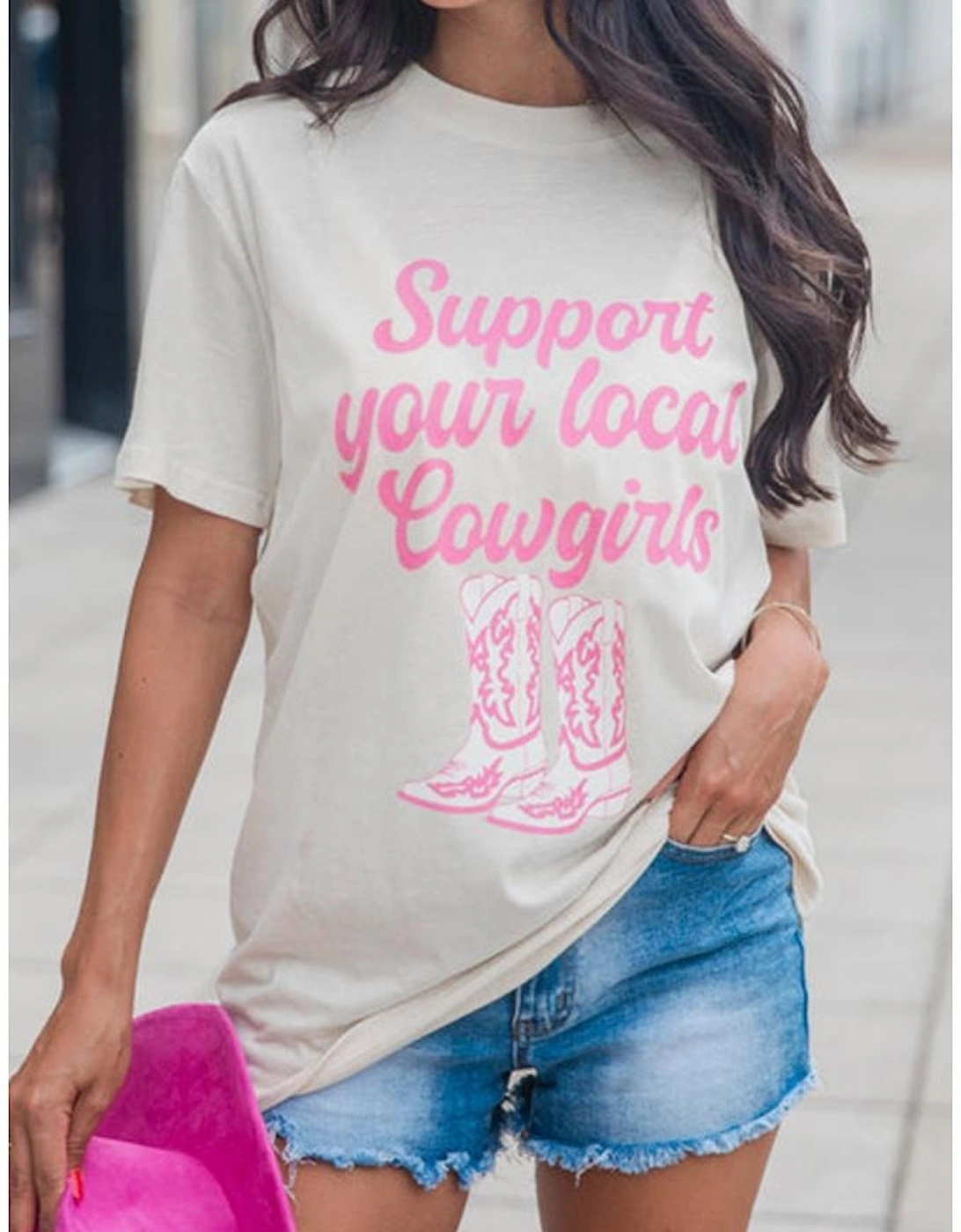 White Support Your Local Cowgirls Boots Print Crewneck Tee