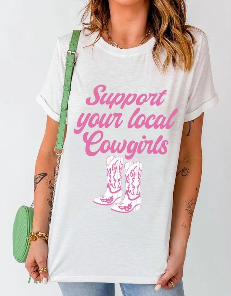White Support Your Local Cowgirls Boots Print Crewneck Tee
