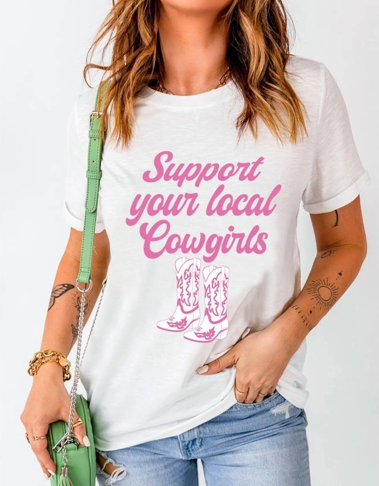 White Support Your Local Cowgirls Boots Print Crewneck Tee