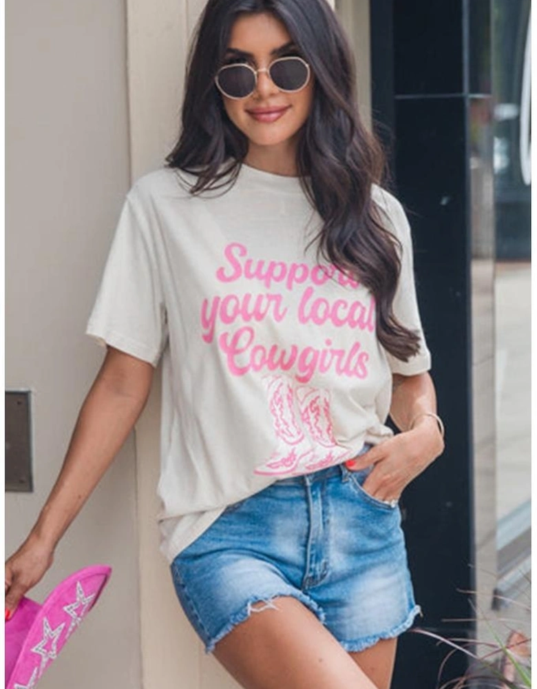 White Support Your Local Cowgirls Boots Print Crewneck Tee