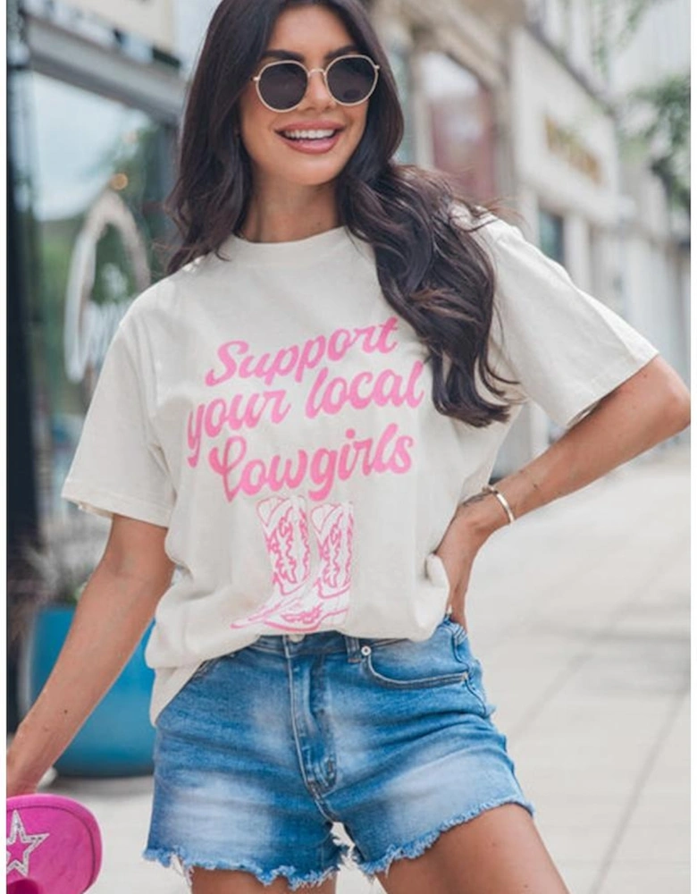 White Support Your Local Cowgirls Boots Print Crewneck Tee